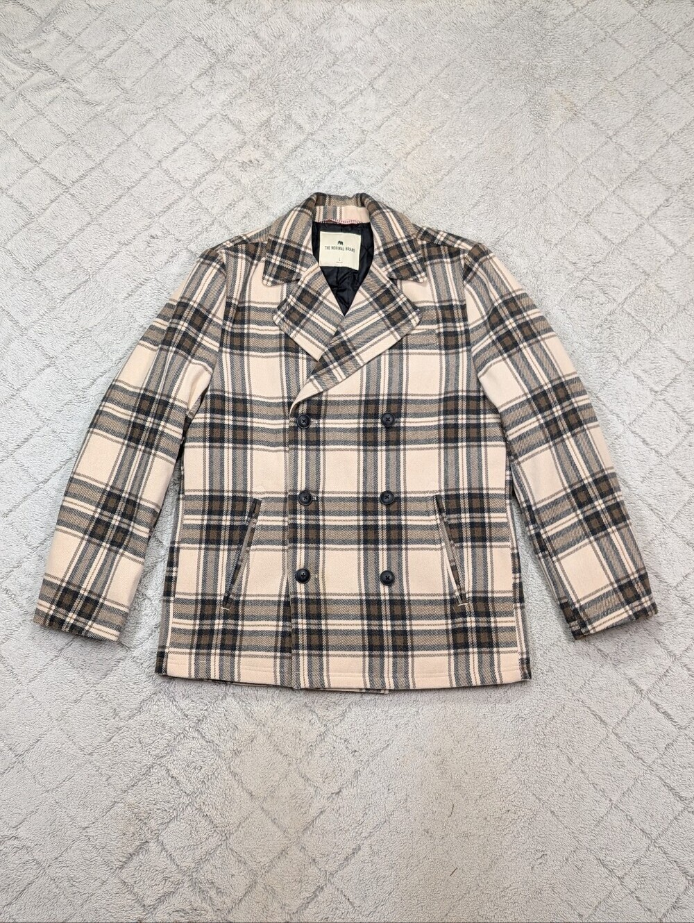 The Normal Brand Jacket Mens L Brown Tan Plaid Lan Heavy Overcoat Wool Blend